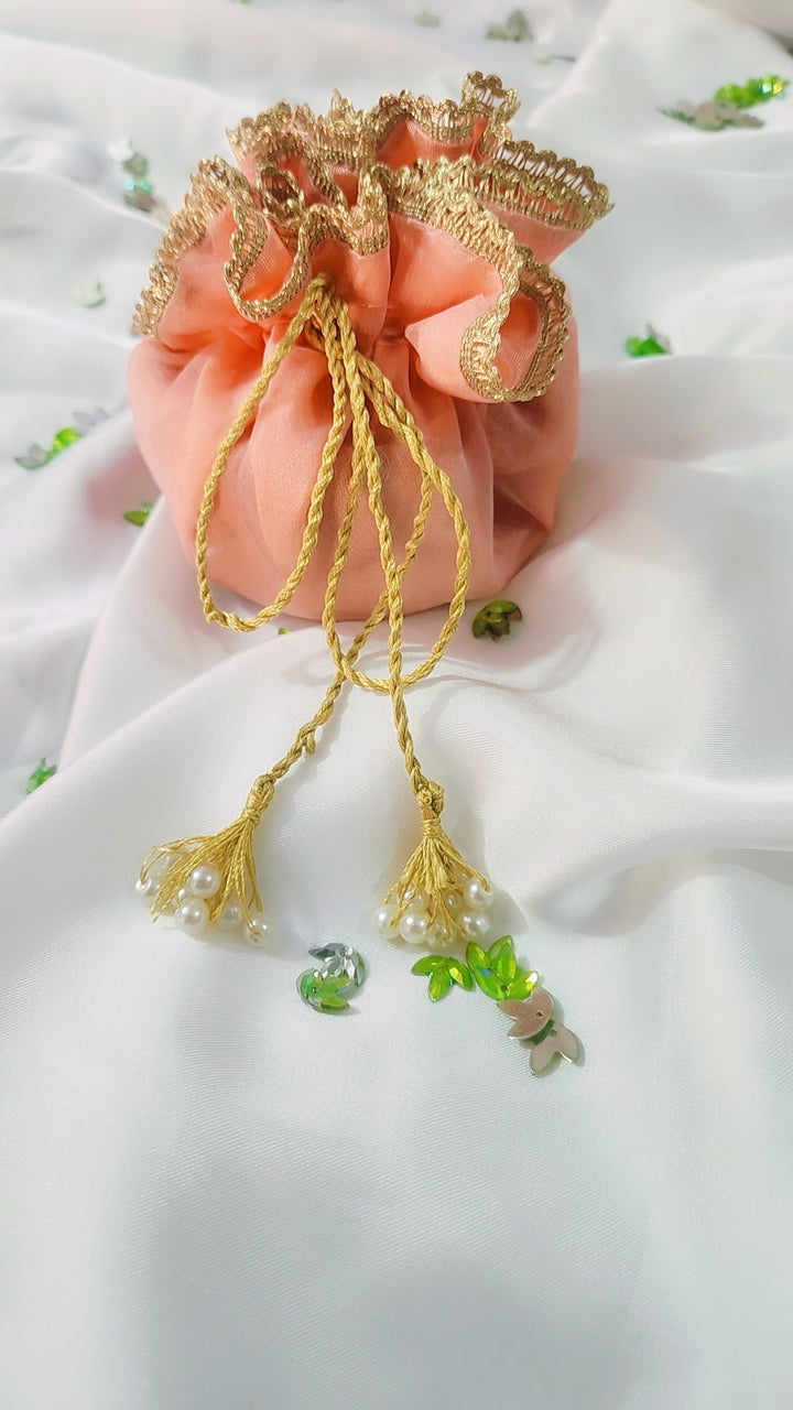 Organza Silk Katan Bid Potli Bag - 2x Pearl Hanging - Multicolor