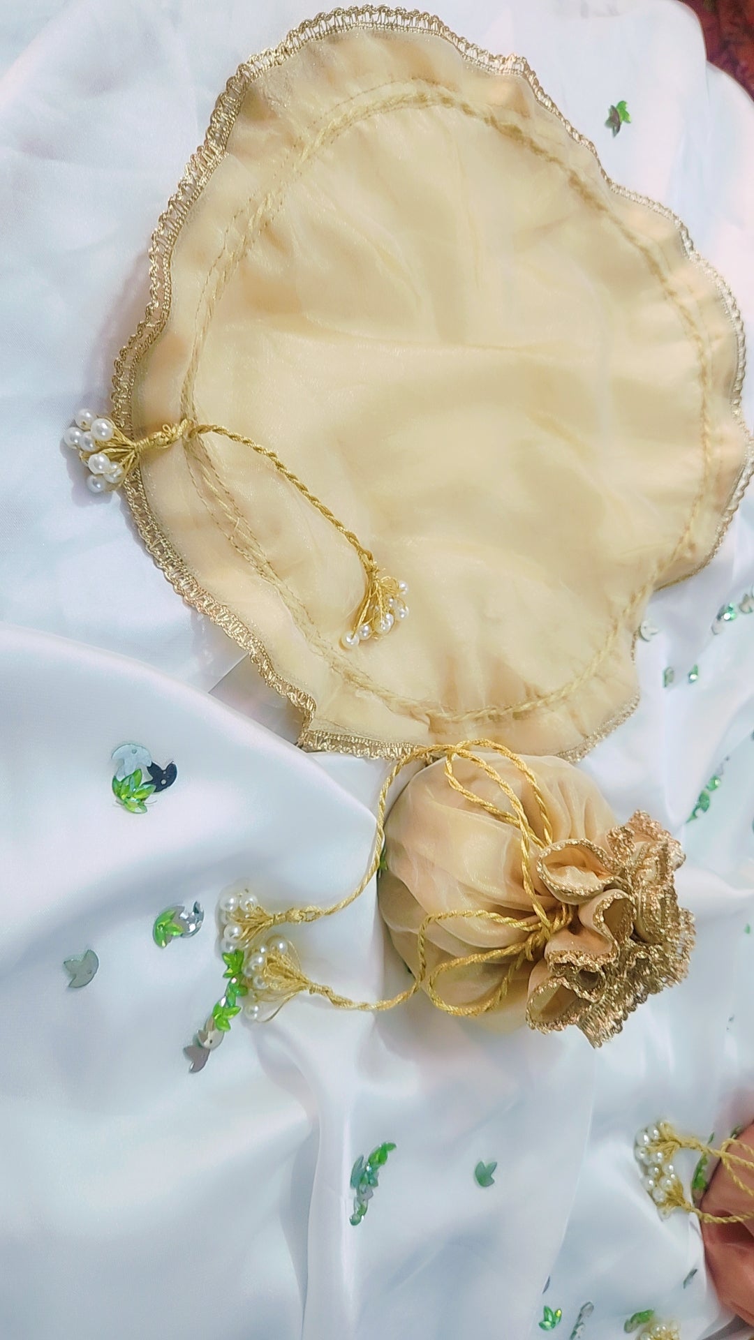 Organza Silk Katan Bid Potli Bag - 2x Pearl Hanging - Multicolor