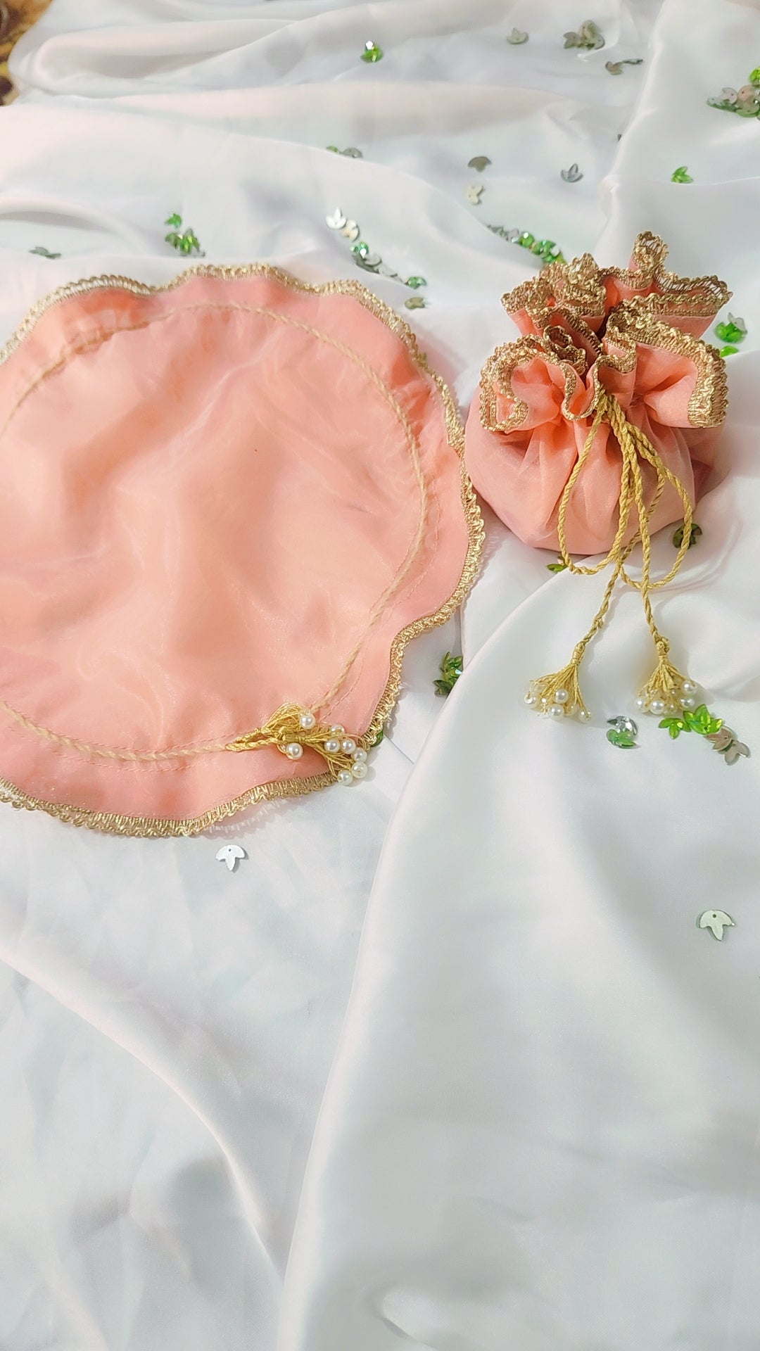 Organza Silk Katan Bid Potli Bag - 2x Pearl Hanging - Multicolor