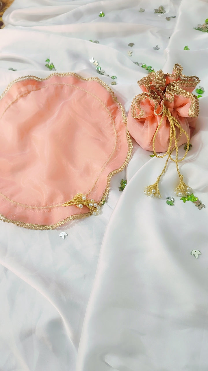 Organza Silk Katan Bid Potli Bag - 2x Pearl Hanging - Multicolor