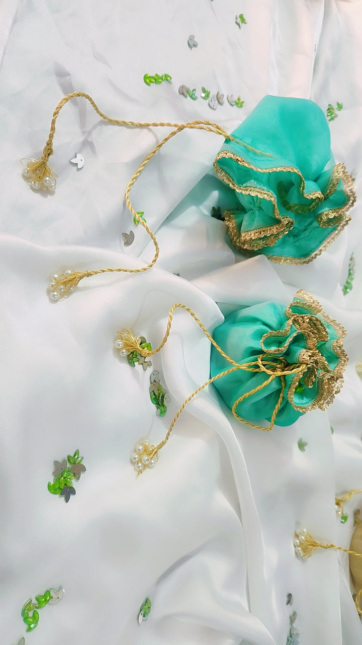 Organza Silk Katan Bid Potli Bag - 2x Pearl Hanging - Multicolor