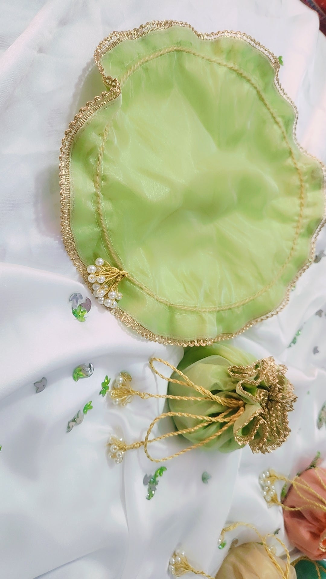 Organza Silk Katan Bid Potli Bag - 2x Pearl Hanging - Multicolor