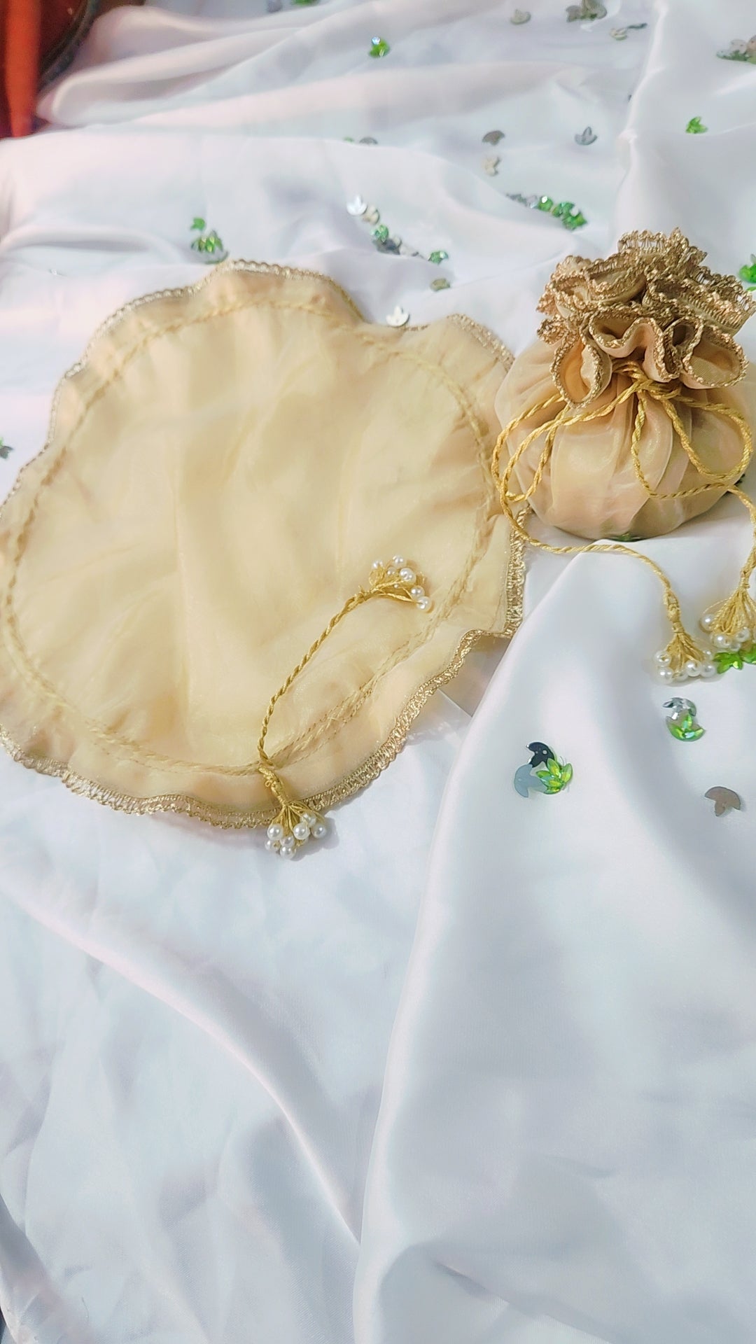 Organza Silk Katan Bid Potli Bag - 2x Pearl Hanging - Multicolor