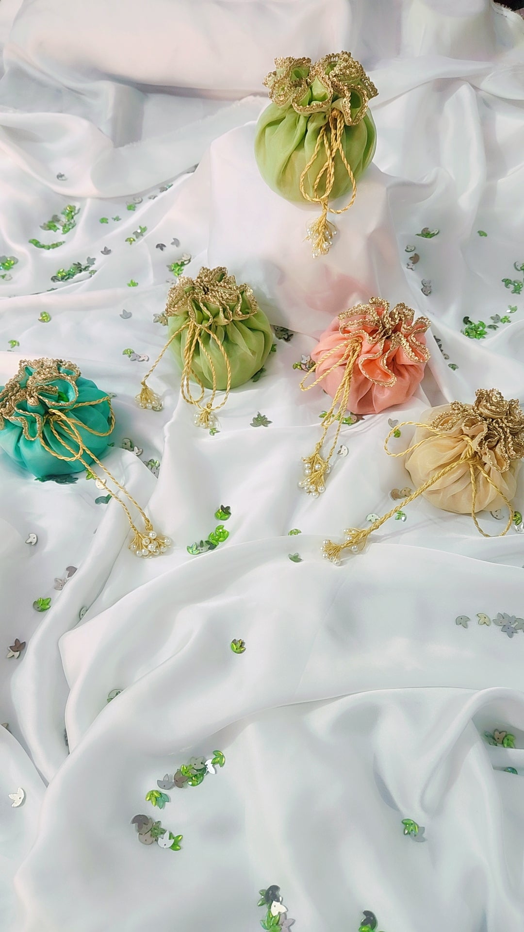 Organza Silk Katan Bid Potli Bag - 2x Pearl Hanging - Multicolor