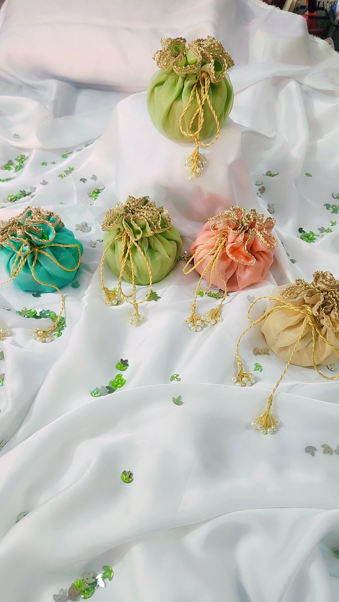 Organza Silk Katan Bid Potli Bag - 2x Pearl Hanging - Multicolor