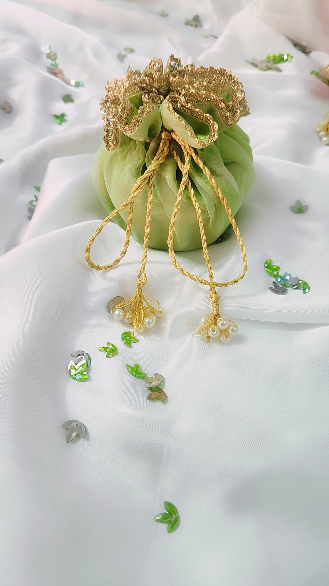 Organza Silk Katan Bid Potli Bag - 2x Pearl Hanging - Multicolor