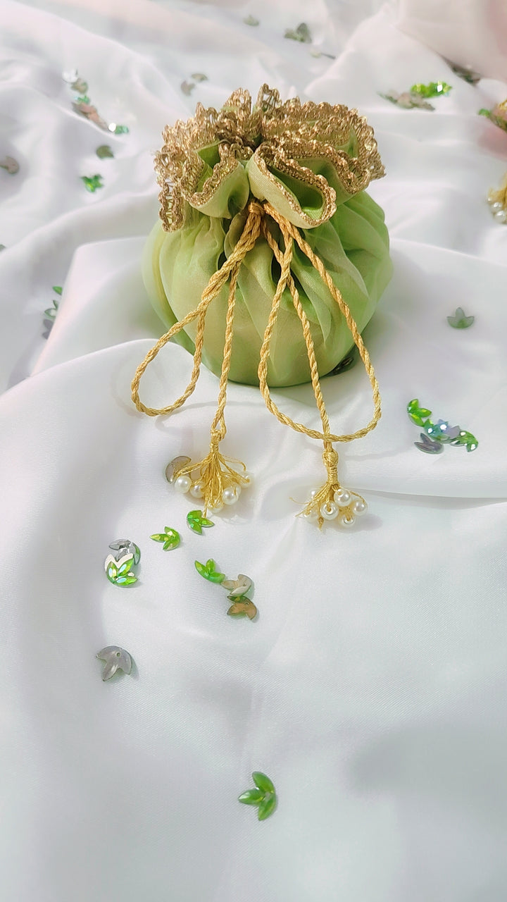 Organza Silk Katan Bid Potli Bag - 2x Pearl Hanging - Multicolor