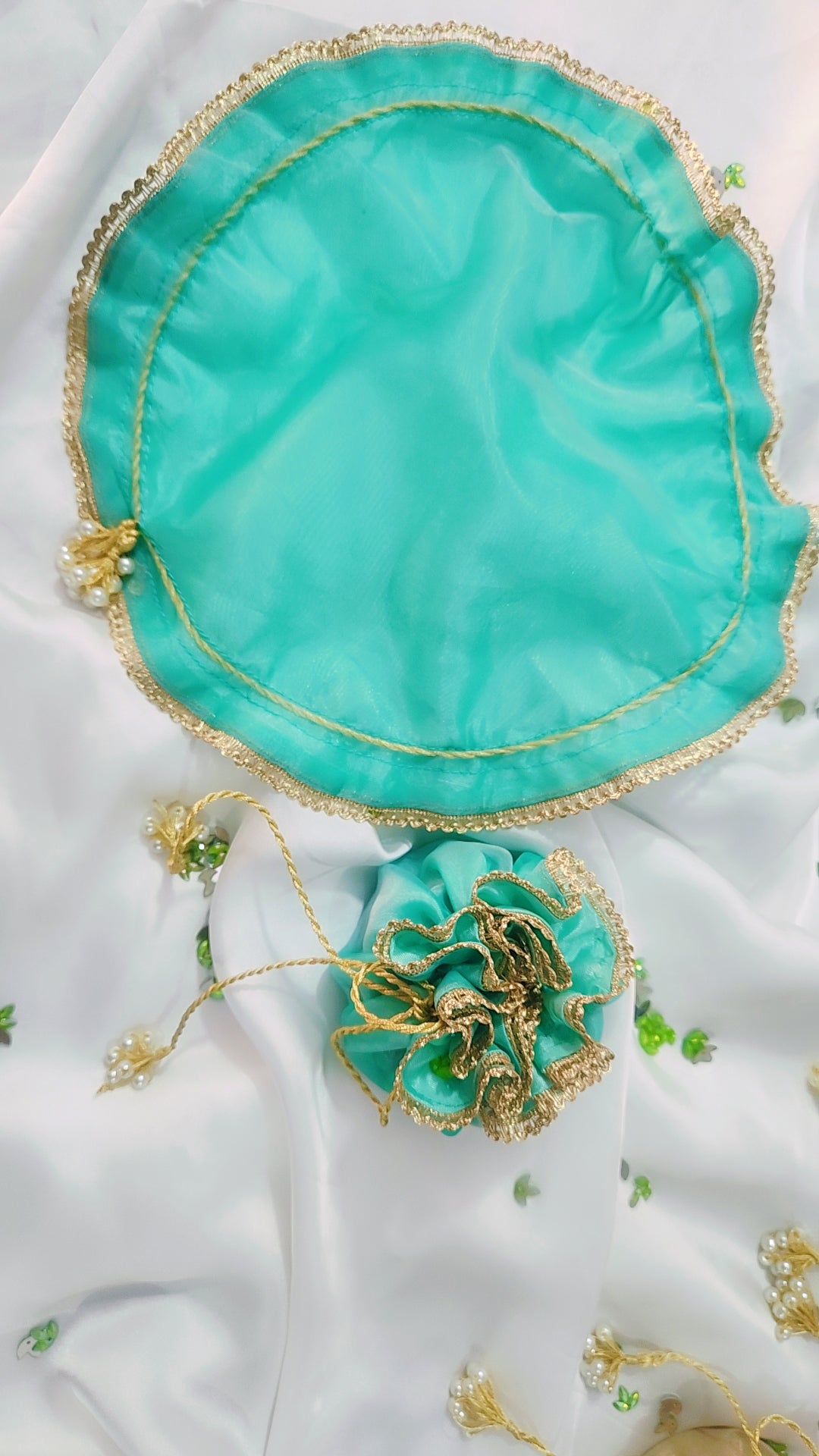 Organza Silk Katan Bid Potli Bag - 2x Pearl Hanging - Multicolor