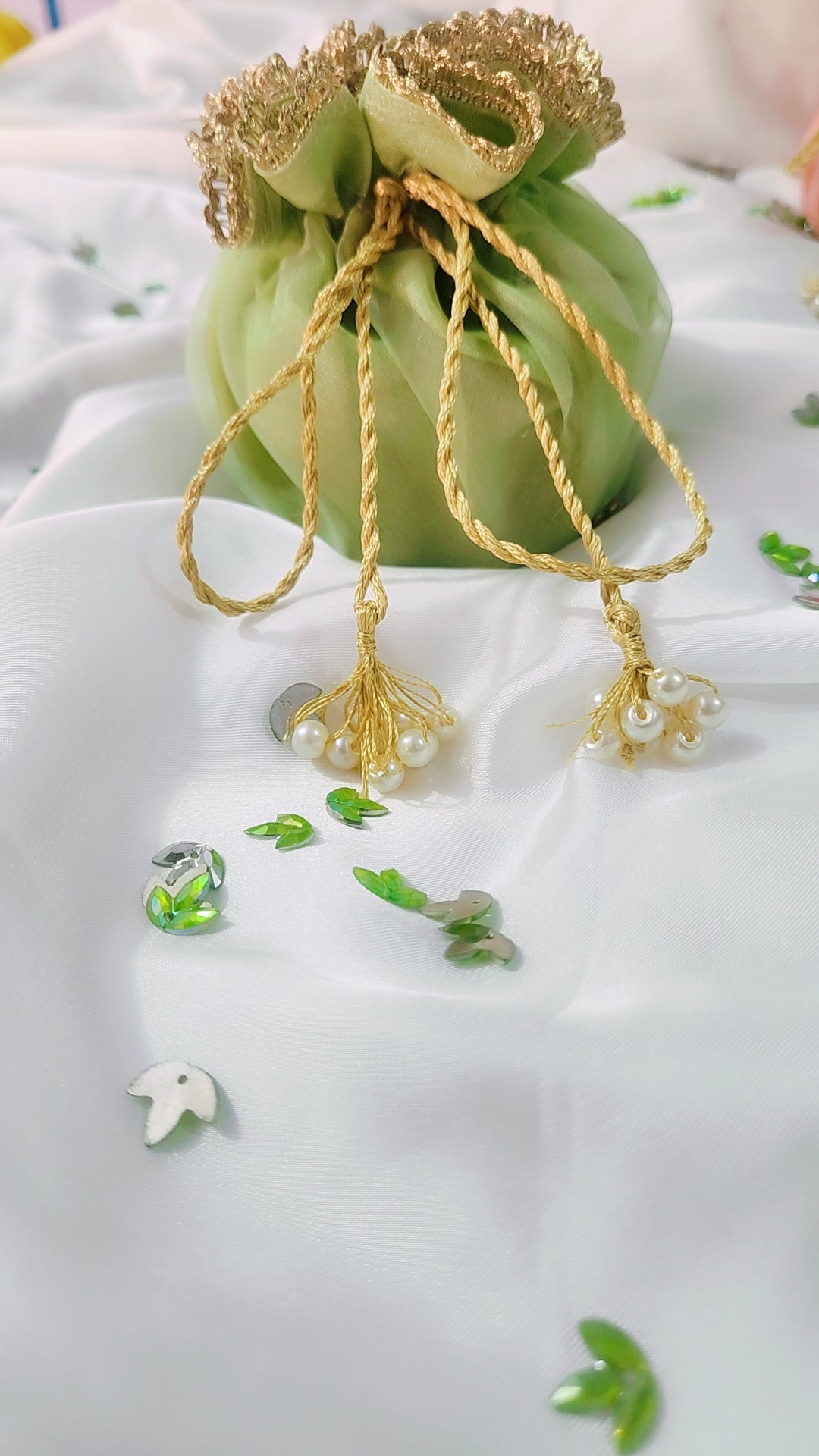 Organza Silk Katan Bid Potli Bag - 2x Pearl Hanging - Multicolor
