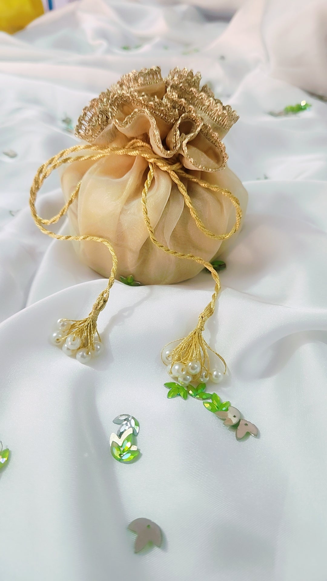 Organza Silk Katan Bid Potli Bag - 2x Pearl Hanging - Multicolor