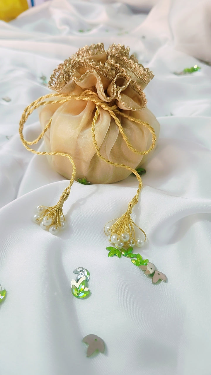 Organza Silk Katan Bid Potli Bag - 2x Pearl Hanging - Multicolor