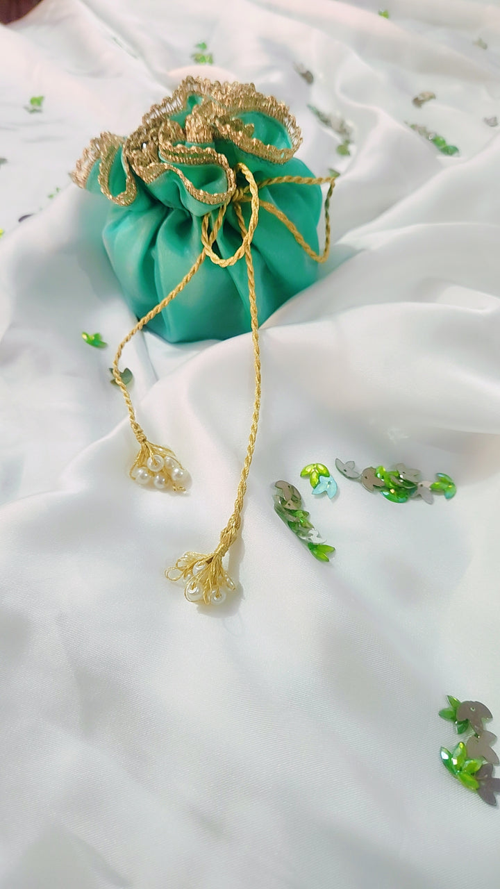 Organza Silk Katan Bid Potli Bag - 2x Pearl Hanging - Multicolor