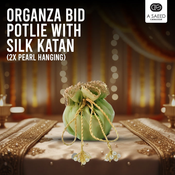 Organza Silk Katan Bid Potli Bag - 2x Pearl Hanging - Multicolor