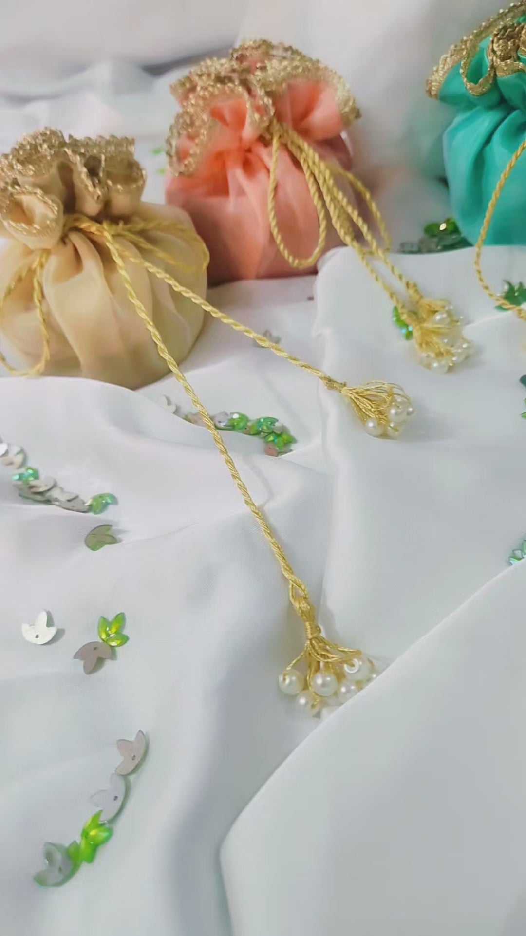 Organza Silk Katan Bid Potli Bag - 2x Pearl Hanging - Multicolor