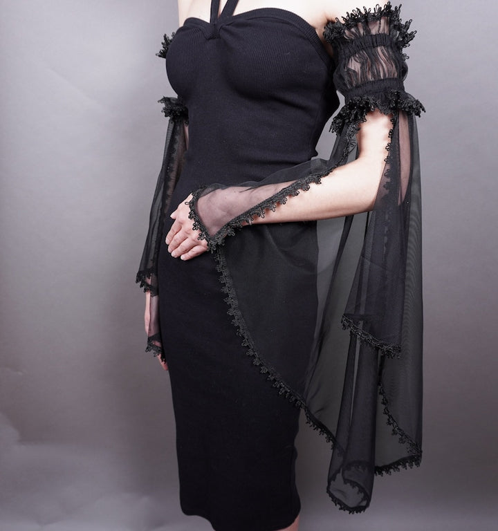 Elegant  costume Victorian Evening detachable removable sleeves, biceps Glamour long GLOVES mistic floune,  frill, black tulle