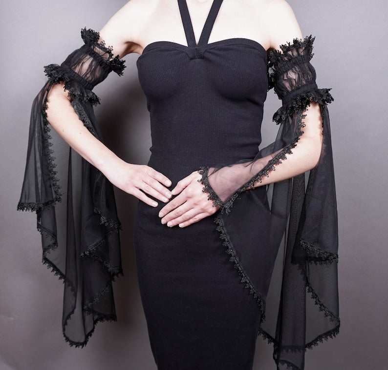 Elegant  costume Victorian Evening detachable removable sleeves, biceps Glamour long GLOVES mistic floune,  frill, black tulle