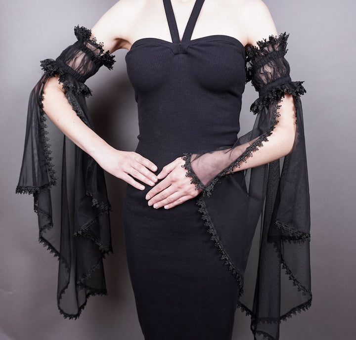 Elegant  costume Victorian Evening detachable removable sleeves, biceps Glamour long GLOVES mistic floune,  frill, black tulle