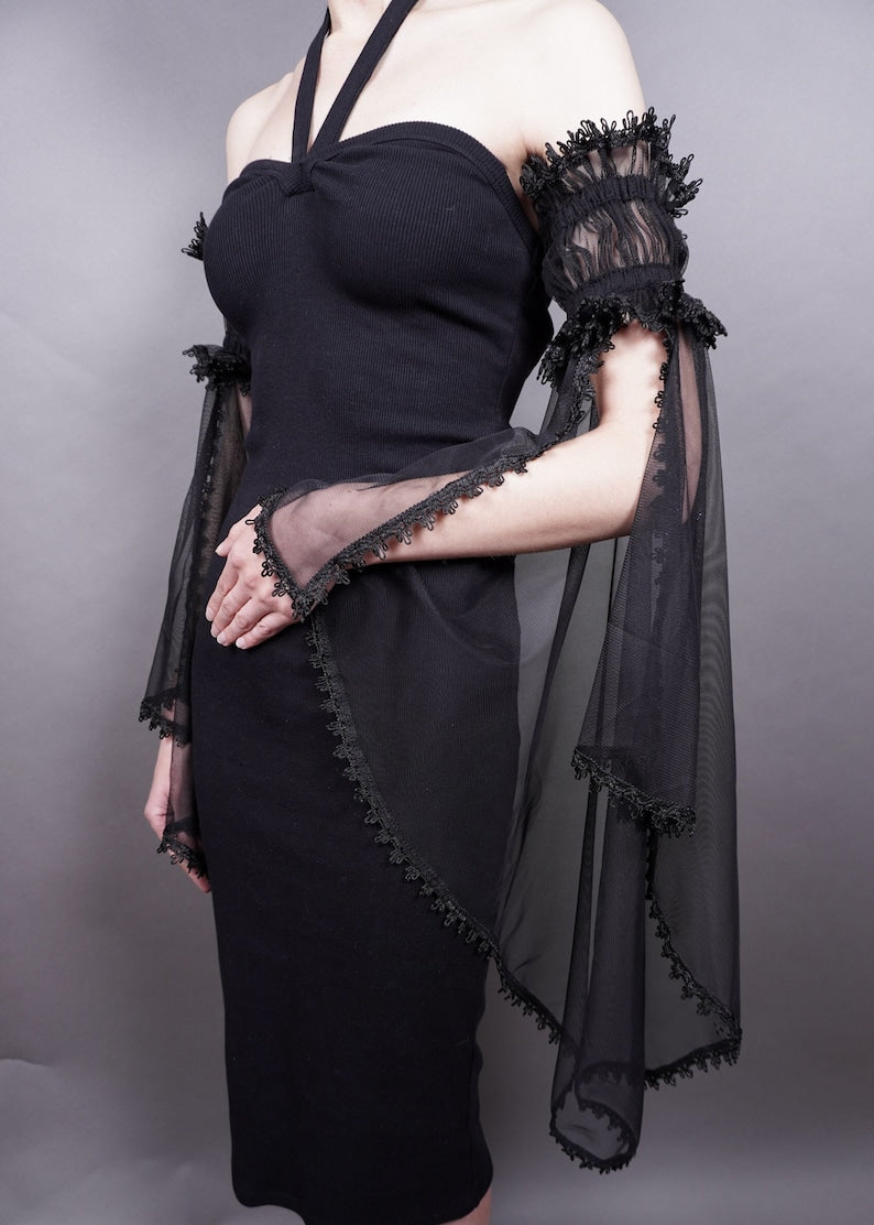 Elegant  costume Victorian Evening detachable removable sleeves, biceps Glamour long GLOVES mistic floune,  frill, black tulle