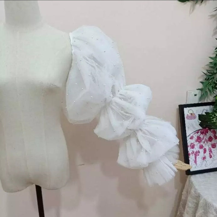 Detached Pearl Beaded Sectioned Puff Sleeves