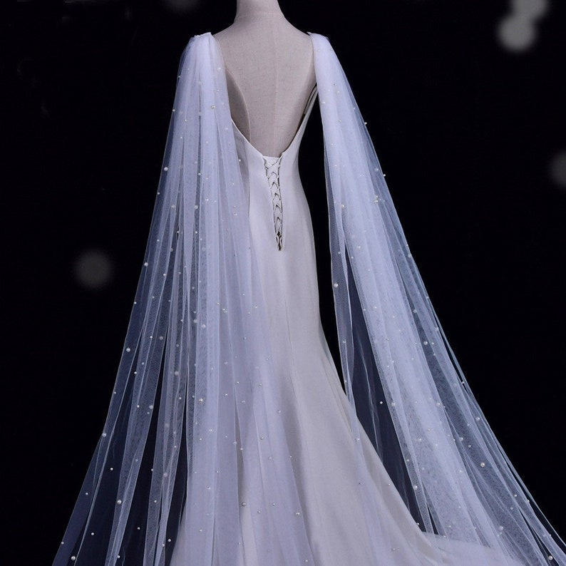Bridal Wings With Scattered Pearls, Detachable Floor Length Wedding Wings,Shoulder Tulle Wings