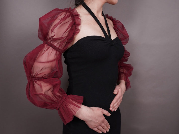 Elegant big sleeves, julliet puffs, bridal Glamour, Removable Sleeves, Bicep Wedding Sleeves, tulle flounces, Halloween, prom, burgundy