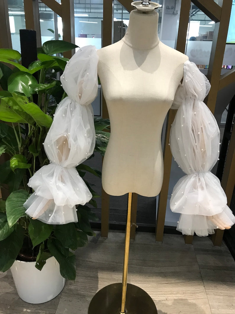 Puff Pearl Bridal Sleeves, Soft Tulle Long Pearl Wedding Gown Sleeves, Wedding Accessory, Detachable Sleeves, Removable Dress Sleeves