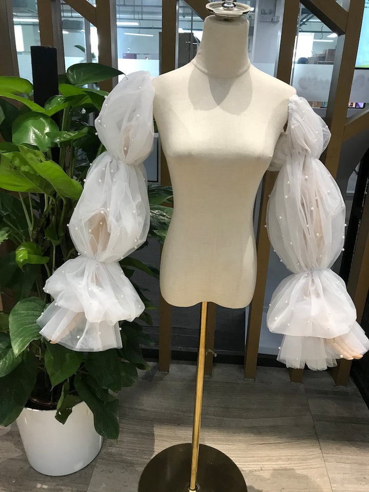 Puff Pearl Bridal Sleeves, Soft Tulle Long Pearl Wedding Gown Sleeves, Wedding Accessory, Detachable Sleeves, Removable Dress Sleeves