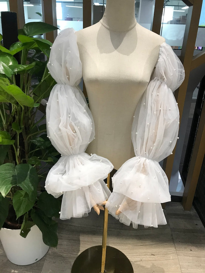 Puff Pearl Bridal Sleeves, Soft Tulle Long Pearl Wedding Gown Sleeves, Wedding Accessory, Detachable Sleeves, Removable Dress Sleeves