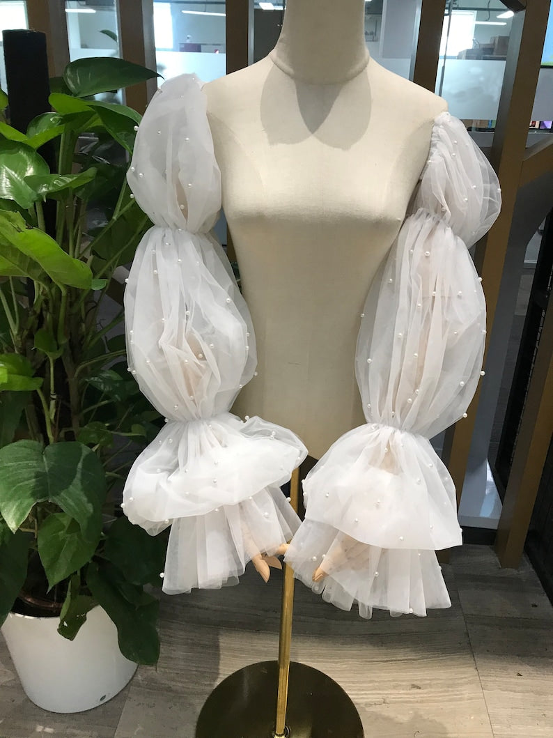 Puff Pearl Bridal Sleeves, Soft Tulle Long Pearl Wedding Gown Sleeves, Wedding Accessory, Detachable Sleeves, Removable Dress Sleeves