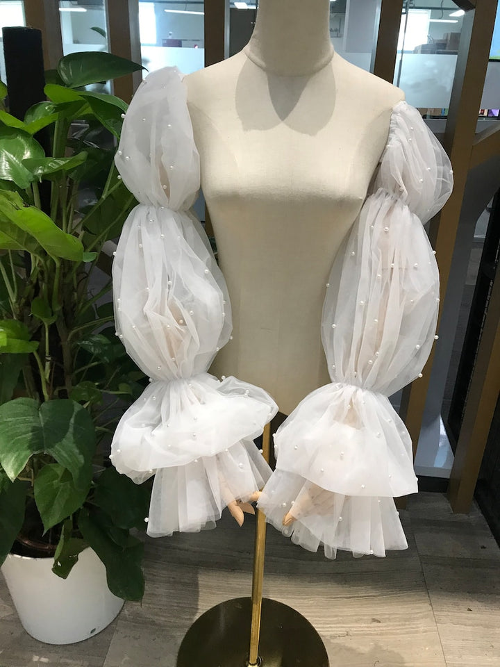 Puff Pearl Bridal Sleeves, Soft Tulle Long Pearl Wedding Gown Sleeves, Wedding Accessory, Detachable Sleeves, Removable Dress Sleeves