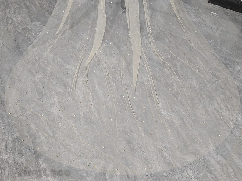Champagne White Ivory Pearl Tulle Veil, Fashion Bridal One Layer Pearl Tulle Veil, Cathedral Wedding Pearl Tulle Veil