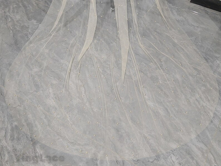 Champagne White Ivory Pearl Tulle Veil, Fashion Bridal One Layer Pearl Tulle Veil, Cathedral Wedding Pearl Tulle Veil