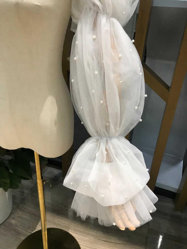 Puff Pearl Bridal Sleeves, Soft Tulle Long Pearl Wedding Gown Sleeves, Wedding Accessory, Detachable Sleeves, Removable Dress Sleeves