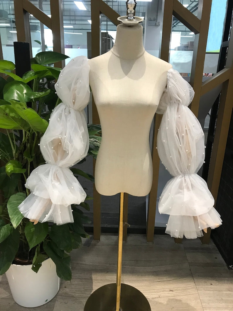 Puff Pearl Bridal Sleeves, Soft Tulle Long Pearl Wedding Gown Sleeves, Wedding Accessory, Detachable Sleeves, Removable Dress Sleeves