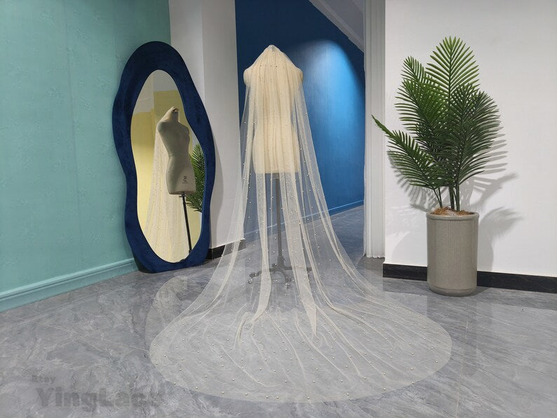 Champagne White Ivory Pearl Tulle Veil, Fashion Bridal One Layer Pearl Tulle Veil, Cathedral Wedding Pearl Tulle Veil
