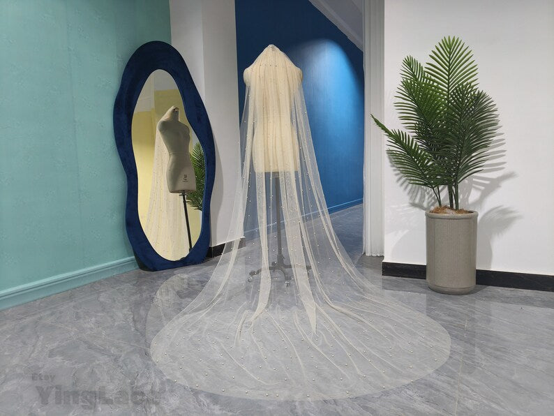 Champagne White Ivory Pearl Tulle Veil, Fashion Bridal One Layer Pearl Tulle Veil, Cathedral Wedding Pearl Tulle Veil