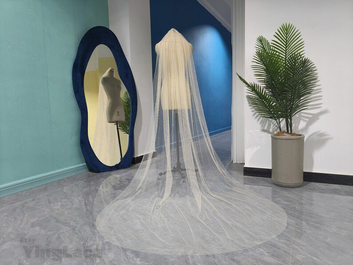 Champagne White Ivory Pearl Tulle Veil, Fashion Bridal One Layer Pearl Tulle Veil, Cathedral Wedding Pearl Tulle Veil