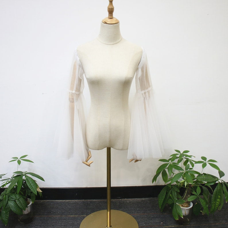 Detachable Long Bell Sleeves, Elastic Wedding Dress Sleeves, Soft White Tulle Dress Sleeves, Fairy off Shoulder Sleeves, Bridal Accessory