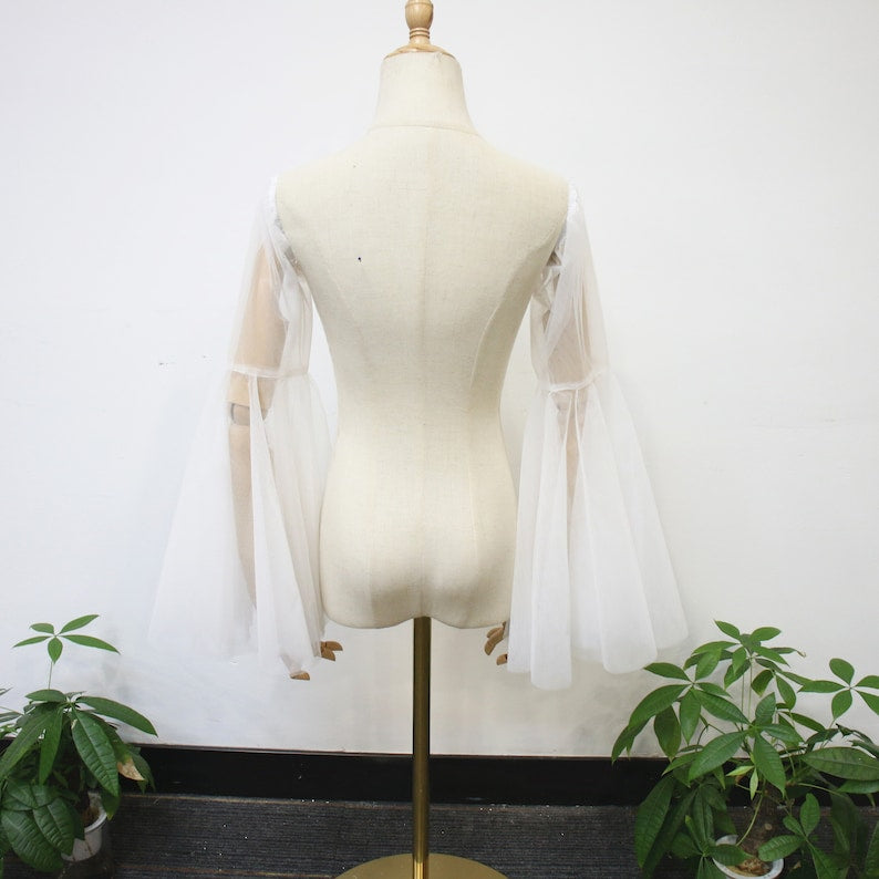Detachable Long Bell Sleeves, Elastic Wedding Dress Sleeves, Soft White Tulle Dress Sleeves, Fairy off Shoulder Sleeves, Bridal Accessory