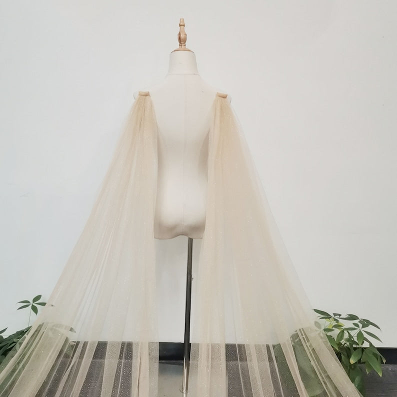 Sparkly Gold Sequin Shoulder Wing, Champagne Tulle Cape Veil, Detachable Bridal Wings, Starry Cape Veil, Shoulder Veil, Festival Party Veil