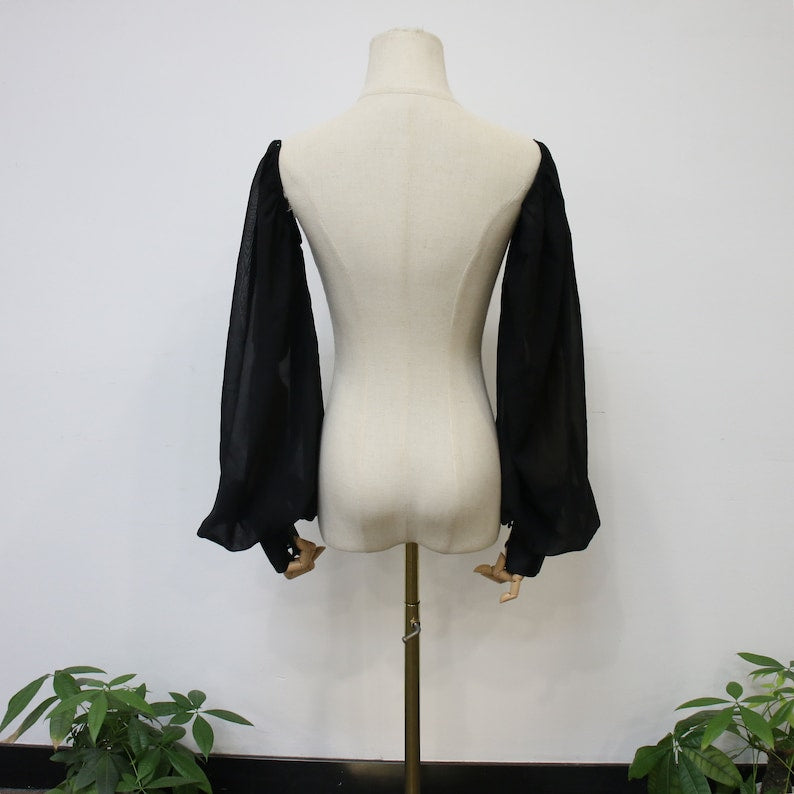 Long Black Chiffon Sleeves for Wedding Dress, Detachable Satin Cuff Button Sleeves, Fairy Bridal Sleeves, Removable Sleeve, Bridal Accessory