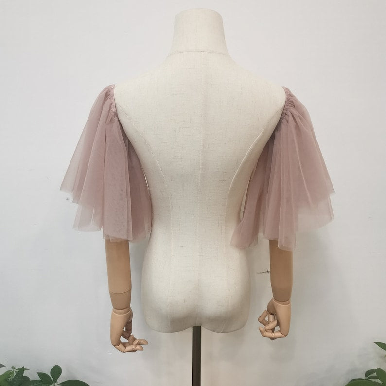 Detachable Rose Pink Tulle Sleeve, Short off Shoulder Wedding Sleeve, Removable Dress Sleeves, Tulle Bridal Sleeves, Custom Bridal Accessory