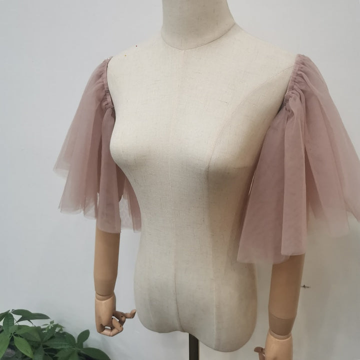Detachable Rose Pink Tulle Sleeve, Short off Shoulder Wedding Sleeve, Removable Dress Sleeves, Tulle Bridal Sleeves, Custom Bridal Accessory