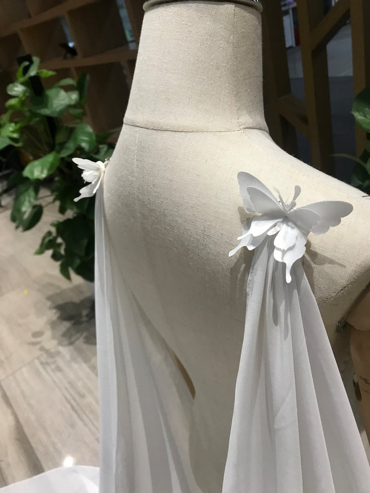 Chiffon 2 Pieces Bridal Cape, Fairy Butterfly Pins Cape, Custom Wedding Cape, Cathedral Length Bridal  Cape with Butterfly